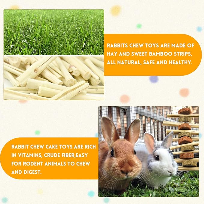 kathson 4 Pcs Bunny Chew Toys for Teeth,Rabbit Hanging Chew Toy Grinding Natural Sweet Bamboo Sticks with Timothy Hay Grass and Carrot Cake for Improve Rodent Small Animals Dental Health-Mewly Pet