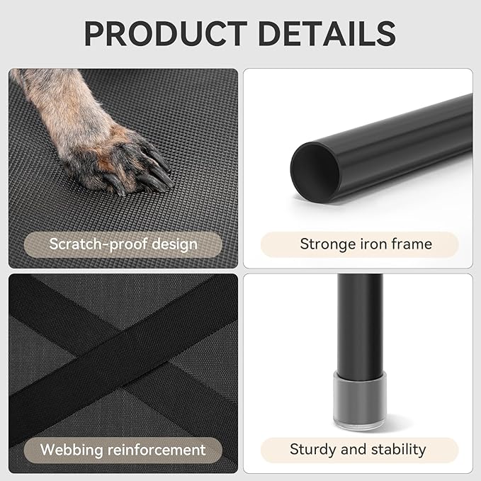 Petsfit Elevated Raised Outdoor Dog Bed - Cooling Elevated Dog Cot, Upgraded Adjustable Firmness Pet Bed，Pet Hammock Bed with Chew Proof Breathable Teslin Mesh，Non Slip, Black 42”-Mewly Pet