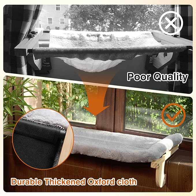 Oversized Cat Window Perch, 31.5 x 14.96 in, Cat Window Hammock with Plush Bolster for Large Felines and Multi Felines, Adjustable Cats Bed for Windowsill, Bedside, Cabinet & Drawer (Gray)-Mewly Pet