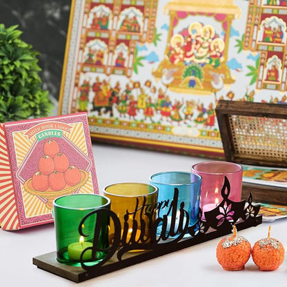 Diwali Home Decoration, Diwali Gifts, Colorful Glass Votive Tealight Candle Holders with Wooden Tray for Table Centerpiece