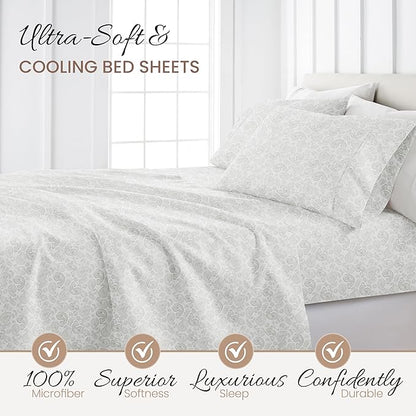 Linen Market Double-Brushed Patterned Microfiber Queen Sheet Set 4 Piece – Oeko-TEX Certified Ultra Soft & Wrinkle-Free - 16" Deep Pocket Sheets - Easy Care Queen Size - Coarse Paisley Light Gray
