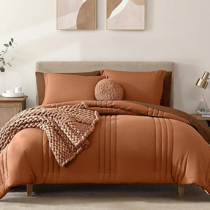 Monbix Queen Comforter Set - 7 Pieces Burnt Orange Bed in a Bag Queen Bedding Sets with Comforters, All Seasons Fall Comforter Bed Set with Sheets,Pillowcases & Shams