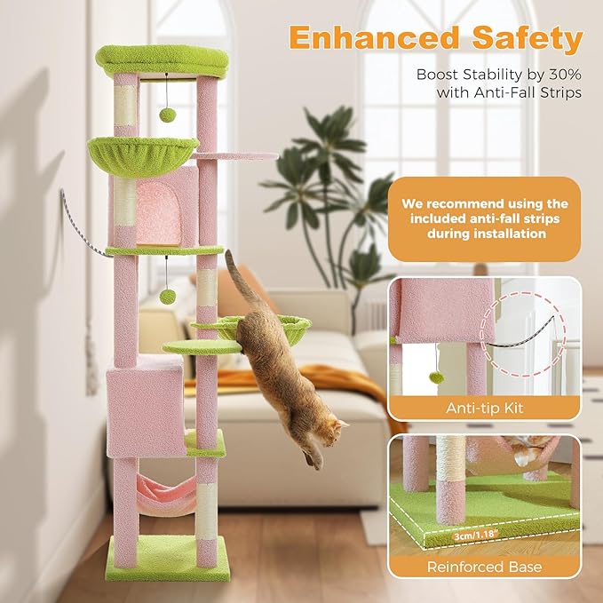 71.2" Large Cat Tree for Multi-Cat Households - Heavy-Duty 9-Level Cat Tower w/5 Sisal Scratching Posts, 2 Condos, 3 Hammocks, Extra-Large Perch & Pompoms - Space-Saving, Pink-Mewly Pet