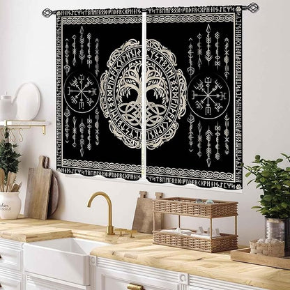 Viking Curtains, Nordic Tree of Life Celtic Rune Scandinavian Gothic Norse Mythology Aesthetic Retro Drapery for Bedroom Living Room Bathroom Window 2 Panel Set, 55x39 Inch