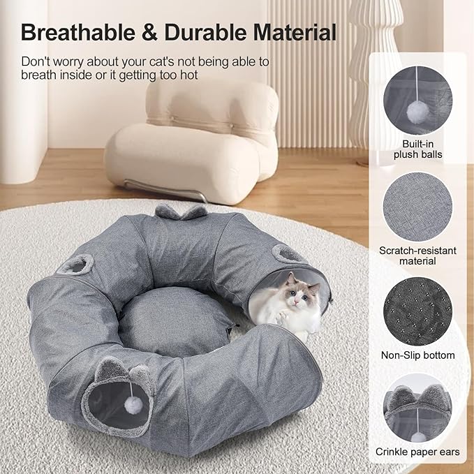 Odoland Summer Linen Cat Tunnels for Indoor Cats with Cooling Central Cat Bed, Interactive Cat Toys Detachable Soft Mat and Variety Kitty Toy Set Grey-Mewly Pet
