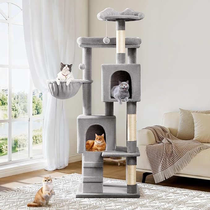 Allewie 64 Inches Cat Tree Tower/Multi-Level Activity Center for Indoor Big Felines/2 Plush Condos/2 Perchs/Basket/House/Sisal Scratching Posts/Hanging Cat Toys/Grey-Mewly Pet