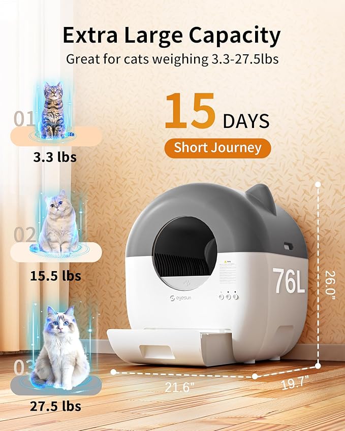 Self Cleaning Litter Box,76L Automatic Cat Litter Box Self Cleaning with APP Control,Low Noise,Safety Protection,Roll Garbage Bags,Deodorizer and Cleaning Brush for Multiple Cats-Mewly Pet