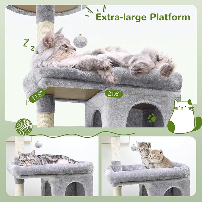 Globlazer Heavy Duty Cat Trees for Large Cats, Sturdy 72in Maine Coon Cat Tree for Large Cats 20 lbs+ Heavy Duty Cat Tower for Adult Biggest Cat with 6 Scratching Posts, Hammock, S72, Light Grey-Mewly Pet