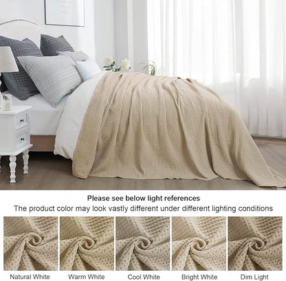 PHF 100% Cotton Waffle Weave Blanket King Size for Bed,Snag Proof Lightweight Breathable Throw for Couch,Great for Layering in Cold Weather,Machine Washable,Home Decor Gift-Khaki/Simply Taupe