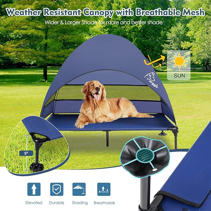 Upgraded Elevated Dog Bed with Canopy, Portable Raised Outdoor Dog Bed with Stable Anti-Slip Feet, Wider Shade Pet Bed Cot, Raised Dog Beds for Large Dogs Camping, Indoor & Outdoor Use-Mewly Pet