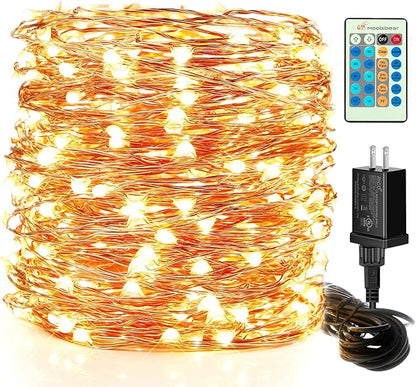 Moobibear LED String Lights, 99ft 300 LEDs Fairy Lights Plug in, Dimmable Outdoor Tree Lights, UL-Listed Warm White Copper String Lights Remote Control for Room Garden Party Christmas Festival Decor