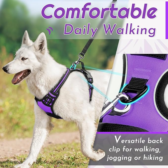 Eagloo Dog Harness Medium Sized Dog, No Pull Service Vest with Reflective Strips and Control Handle, Adjustable and Comfortable for Easy Walking, No Choke Pet Harness with 2 Metal Rings, Purple, M-Mewly Pet