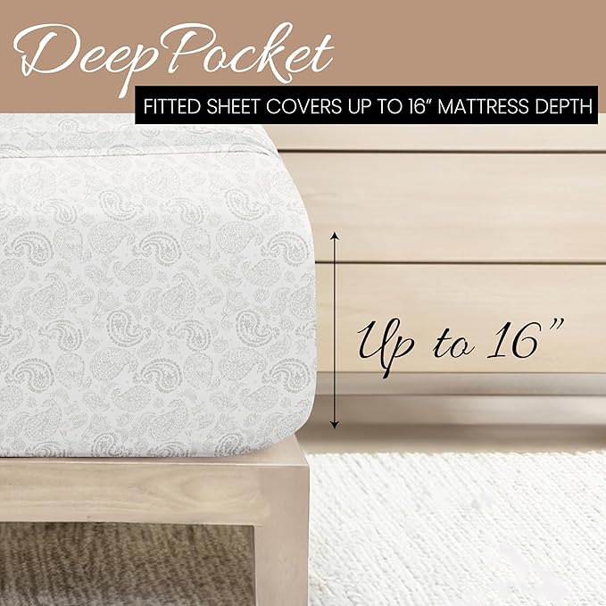Linen Market Double-Brushed Patterned Microfiber Queen Sheet Set 4 Piece – Oeko-TEX Certified Ultra Soft & Wrinkle-Free - 16" Deep Pocket Sheets - Easy Care Queen Size - Coarse Paisley Light Gray