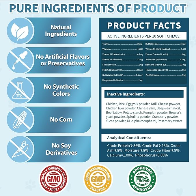 Cat Multivitamin, Crunchy & Creamy Cheese Chew– Supports Energy and Skin & Coat – with Taurine, B-Complex, Zinc Methionine & Selenium Yeast – Daily Health Supplement for Cats of All Ages (500 Chew)-Mewly Pet