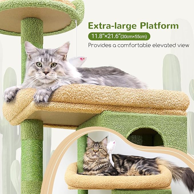 Globlazer Heavy Duty Cactus Cat Tree for Large Cats, Sturdy 72in Maine Coon Cat Tree for Large Cats 20 lbs+ Cactus Cat Tower for Adult Biggest Cats with 6 Scratching Posts, Hammock, S72, Green-Mewly Pet