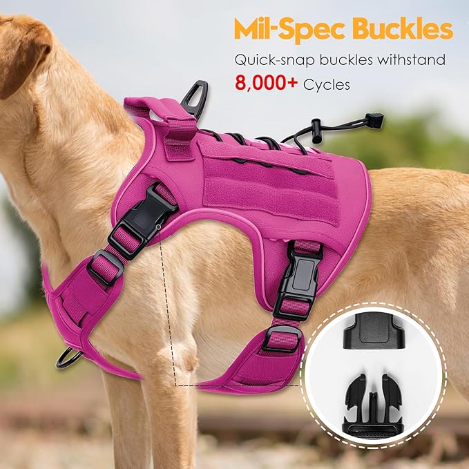 Heavy-Duty Tactical Dog Harness for Large Dogs, No Pull Adjustable Reflective Pet Vest with Molle System, K9 Military-Grade Control for Service Training, Outdoor & 10+ Breeds, Pink, X-Large-Mewly Pet
