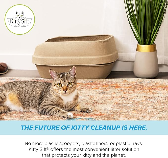 Kitty Sift (Set of 1 Litter Box, 3 Sifting Liners, & 1 Shield) Sustainable, Clean, Sifting, Disposable Cat Litter Box with Shield - Large, 5-Set Kit-Mewly Pet