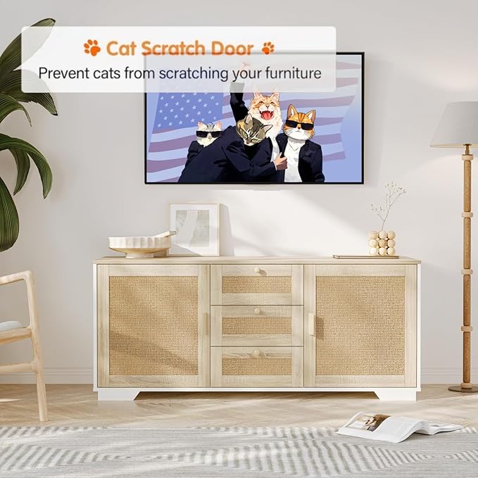 Cat Litter Box Enclosure Furniture Hidden Indoor 2-in-1 Wooden Cat & Washroom Cabinet with Scratching Board Doors and 3 Drawer for 2 Cats, 55"x20"x24"H-Mewly Pet