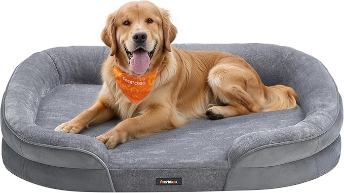 Feandrea Dog Bed, Large Orthopaedic Dog Sofa Bed, 42 x 30 x 7 Inches, Egg Crate Foam, Waterproof Liner, Raised Edges, Removable and Machine Washable Cover, Non-Slip, Light Gray UPGW283G01-Mewly Pet