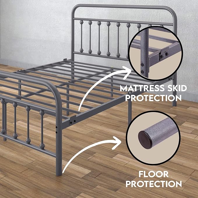 Golden Gate Beds Victorian Vintage Style Metal Bed Frame with Wrought Iron Headboard and Footboard, Classic Platform Bedframe Storage, No Box Spring Needed, Mattress Foundation, Silver, Queen Size