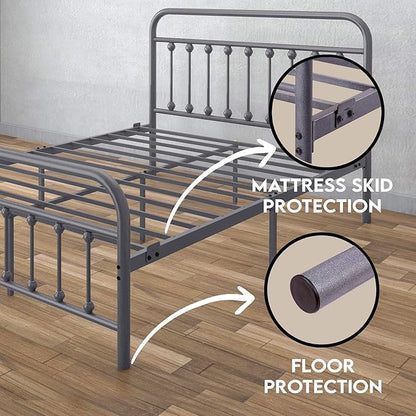 Golden Gate Beds Victorian Vintage Style Metal Bed Frame with Wrought Iron Headboard and Footboard, Classic Platform Bedframe Storage, No Box Spring Needed, Mattress Foundation, Silver, Queen Size
