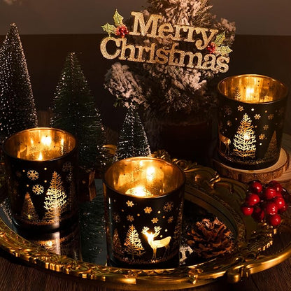 Votive Candle Holders, Black and Gold Glass Tealight Candle Holder Set of 3, Christmas Candle Holder with Elk, Xmax Tree, Snowflake Pattern, Table Canterpieces for New Year Party Decor