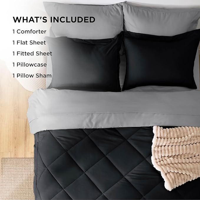 Bedsure Twin Comforter Set - 5 Pieces Reversible Black Bedding, Twin Size Bed Set for All Seasons, Bed in a Bag with Down Alternative Comforter, Sheets, Pillowcase & Sham