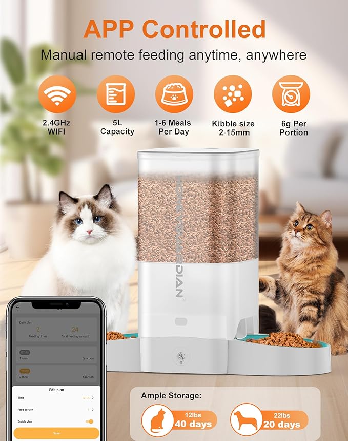 HoneyGuaridan 5L Automatic Cat Feeder for Two Cats, 2.4G WiFi Enabled Smart Feed Pet Feeder with Slow Feeder Bowl,APP Control Dispenser, Dual Power Supply,Desiccant Bag,10s Meal Call White-Mewly Pet