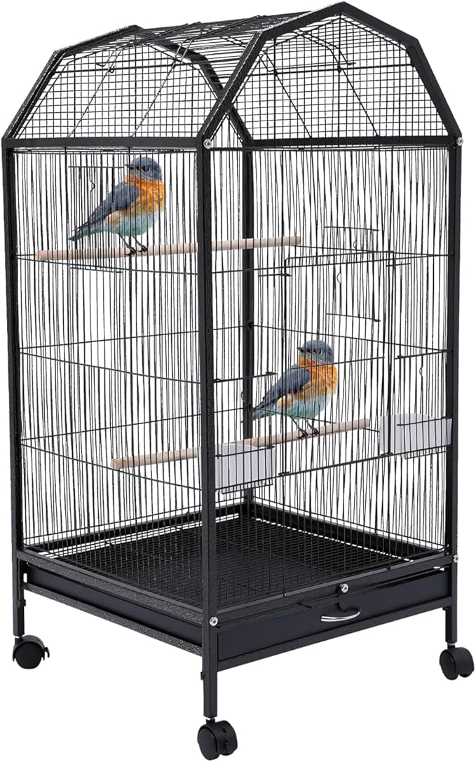 40-Inch Wrought Iron Bird Cage with Open-Top and Rolling Stand, Movable Parrot Cage Pet Bird Flight Cage, 360 Degree View Spacious Interactive Roof Pet Bird House for Medium&Small Birds-Mewly Pet
