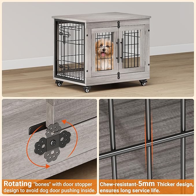 Lulive Small Dog Crate Furniture Set of 2, Dog Kennel Indoor Double Doors Wooden Dog Cage, 27'' Heavy Duty Dog Crate with Cushion & Wheels, End Table Pet House Chew-Resistant Up to 30 lb, Grey-Mewly Pet