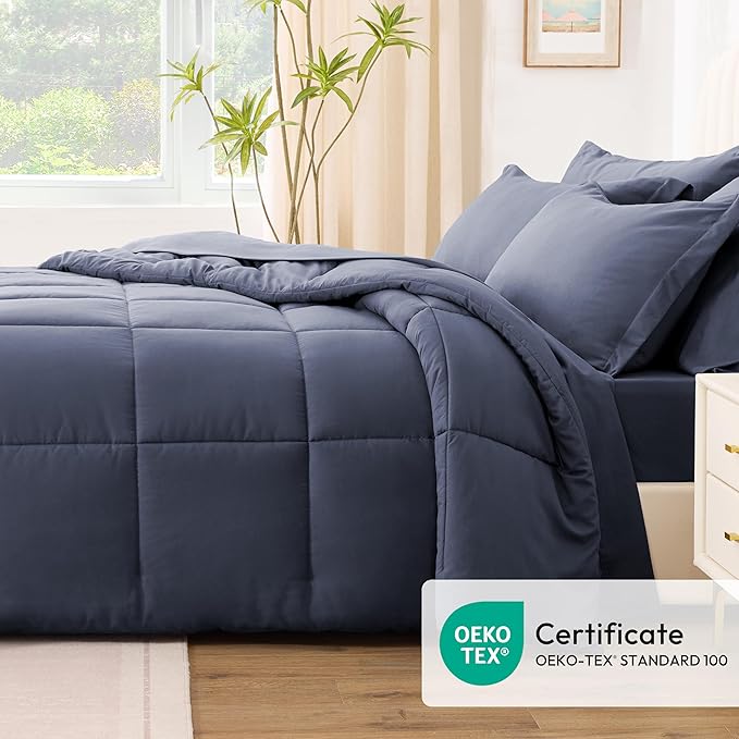 Love's cabin California King Comforter Set Indigo Blue, 7 Pieces California King Bed in a Bag, All Season Bedding Sets with 1 Comforter, 1 Flat Sheet, 1 Fitted Sheet, 2 Pillowcase and 2 Pillow Sham