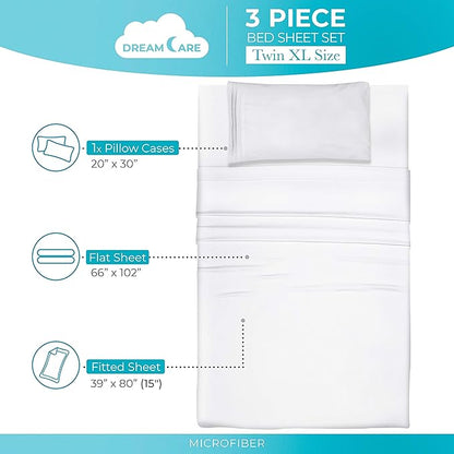 DREAMCARE Twin XL Sheet Sets – 3pcs Cooling Sheets – up to 15” Deep Pocket Twin XL Sheets Set – Hotel Luxury Sheets & Pillowcases – Superior Softness 100% Fine Microfiber with Side Pocket – White