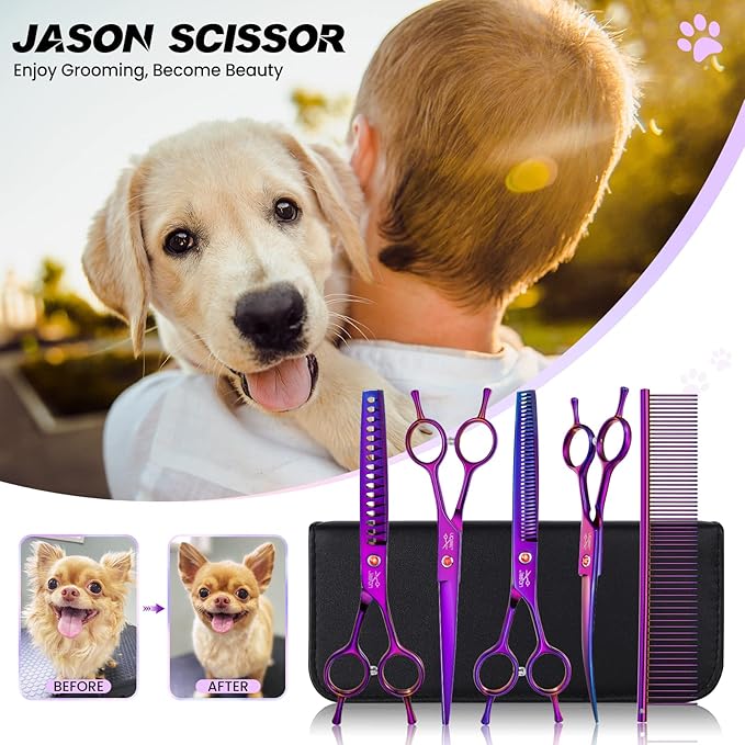 JASON Dog Grooming Scissors Kit, Professional 6 in 1 Dog Scissors Sharp Shears Set - Straight, Thinning, Chunker, Curved Shears and Comb for Long Short Hair for Dog Cat Pet-Mewly Pet
