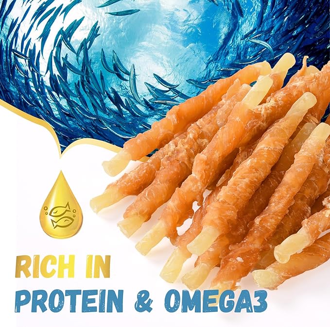 Dog Treats Chicken Wrapped Cod Sticks, Natural Chicken Cod Jerky Treats Rich in Omega-3, High Protein Chewy Training Treats Dog Snacks for Small Medium Large Dogs, 15-17 Counts, 10.6 oz-Mewly Pet