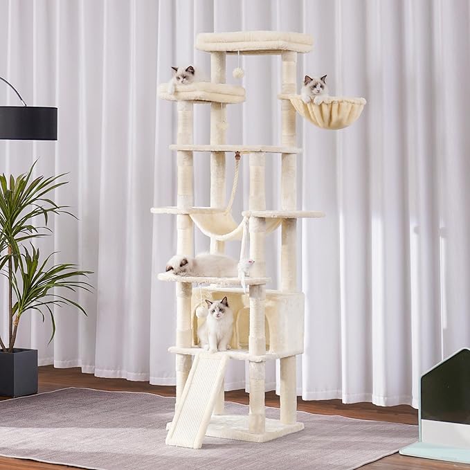 Heybly Tall Cat Tree, 78-inch Multi-Level Cat Tower for Indoor Cats, 2 Widened Plush Perches Cat Condo with Scratching Board and Big Caves, Beige HCT033M-Mewly Pet