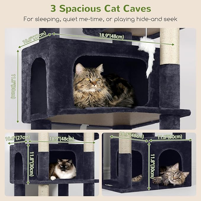 Globlazer Sturdy Cat Tree for Large Cats, 77 inch Large Cat Climbing Tower for Indoor Adult Cats, Cat Scratching Tower with 5 Scratching Posts, 3 Cat Condos, 2 Top Perches, S77, Dark Grey-Mewly Pet