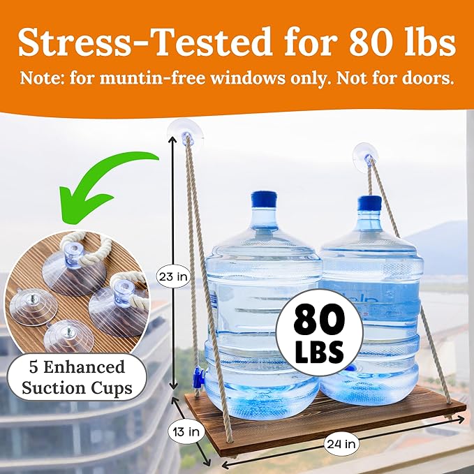 Cat Window Perch for Large Cats - Hammock Bed for Heavy Indoor Cats - Solid Wood Seat, 5 Strong Suction Cups, Soft Cushion - Rustic Shelf for Pets Inside-Mewly Pet