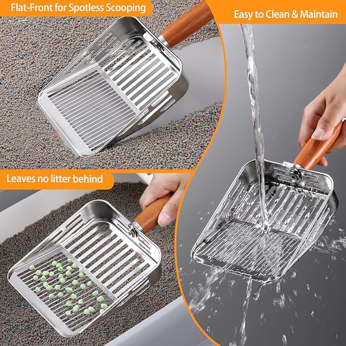 304 Stainless Steel Cat Litter Scoop, One-Piece Pressed Design with No Weld Spots, Durable Anti-Break Handle, Dual Slot Sizes, Easy to Clean, Filters Small Litter Clumps Litter Scoop-Mewly Pet