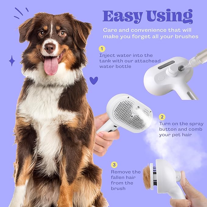 Rechargeable Silicone 3 in 1 Pet Hair Removal Tool - Self Cleaning Steamy Brush for Massage, Shedding & Grooming - Cat & Dog Hair Remover-Mewly Pet