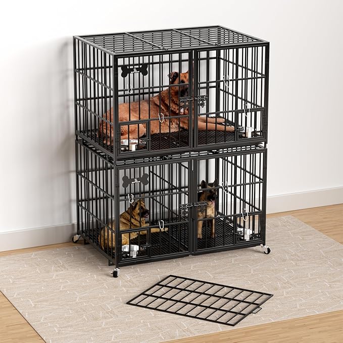 aboxoo 48 inch Stackable Heavy Duty Metal Dog Crate for 4 Dogs/Large Dog,All Metal Open Top Access,Escape Proof Cage,Dog Kennel Indoor with Wheels,Floor Grid, Tray, Divider and Feeding Bowl-Mewly Pet
