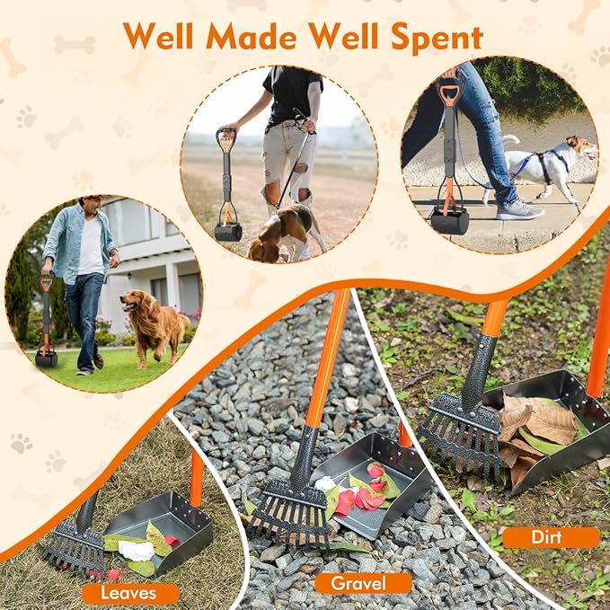 28" Pooper Scooper and 38" Heavy Duty Stainless Steel Rake & Tray Set, 3 in 1 Portable Dog Pooper Scooper Set for Large Medium Small Dogs in Grass, Dirt or Gravel-Mewly Pet