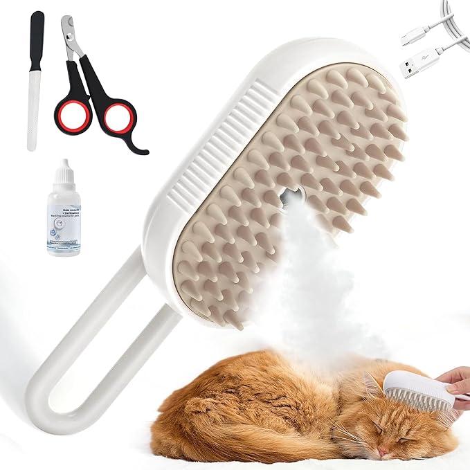 Cat Steam Brush - 5 In1 Grooming Kit for Cats and Dogs Silicone Massage Tool - Stainless Steel Nail Scissors - Hair Detangling Comb - Water Spray Rechargeable Shedding Wash-Free Essence (White)-Mewly Pet