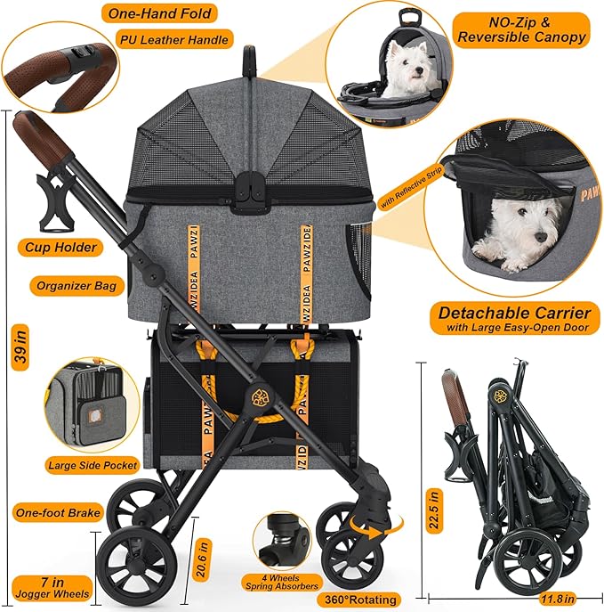 PAWZIDEA Double Pet Stroller with 2 Detachable Carriers, Portable Dog Crate for Car Travel & TSA-Approved Expandable Cat Carrier, Foldable Lightweight Jogger Stroller for 2–4 Cats or Small/Medium Dogs-Mewly Pet