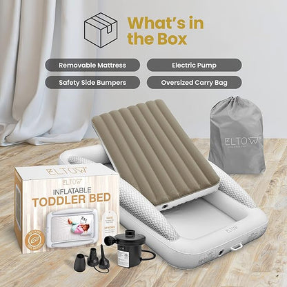 ELTOW Inflatable Toddler Travel Bed with Safety Bumpers, Portable Kids Air Mattress for Travel, Complete Toddler Air Mattress Set with High-Speed Pump & Carry Bag - Gray Chevron