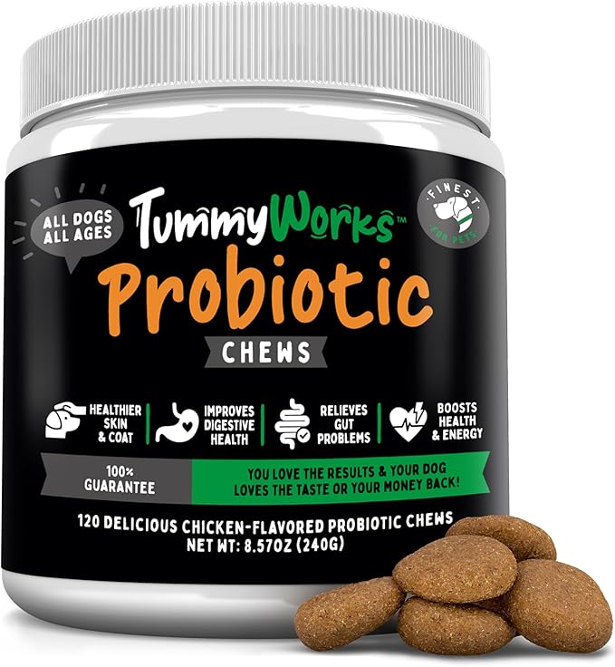 TummyWorks Probiotic 120 Soft Chews for Dogs All Ages - Supports Digestive Health, Relieves Diarrhea, Constipation, Good for Itching, Allergies, Yeast Infections. Added Digestive Enzymes, Made in USA-Mewly Pet