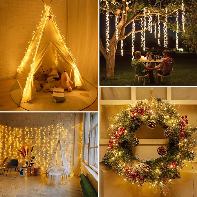 Fairy Lights Plug in, 10Ft 200LED Firecracker Firefly Lights, 8 Lighting Modes, Waterproof Copper Wire Cluster String Lights for Ceiling Bedroom Window Christmas Tree Decoration, Warm White
