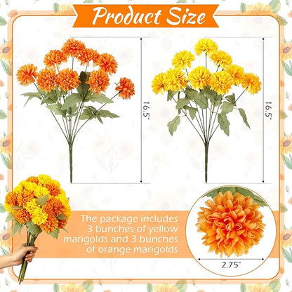 6 Bundles 16.5" Artificial Marigold Flowers 54 Heads Orange & Yellow Dried Silk Fake Marigold Ball Heads Bouquet Realistic Autumn Plants for Day of the Dead Dia De Los Muertos Fall Decoration