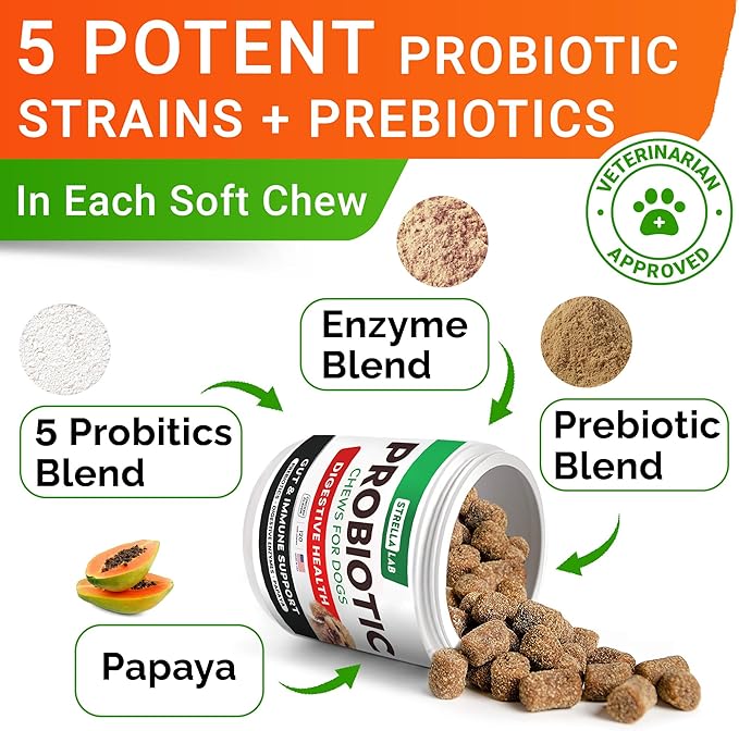 STRELLALAB Pet Probiotics for Dogs & Digestive Enzymes + Digestion & Gut Health Treats, Dog Probiotics Chews, Fiber Supplement, Anti Diarrhea, Constipation, Upset Stomach&Gas Relief, Canine Prebiotic-Mewly Pet