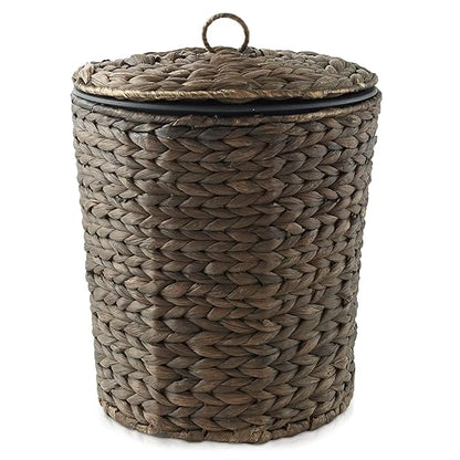 Casafield Water Hyacinth Trash Can with Lid and Liner - Espresso, Woven Waste Basket for Bathroom, Bedroom, Laundry Room, Home Office