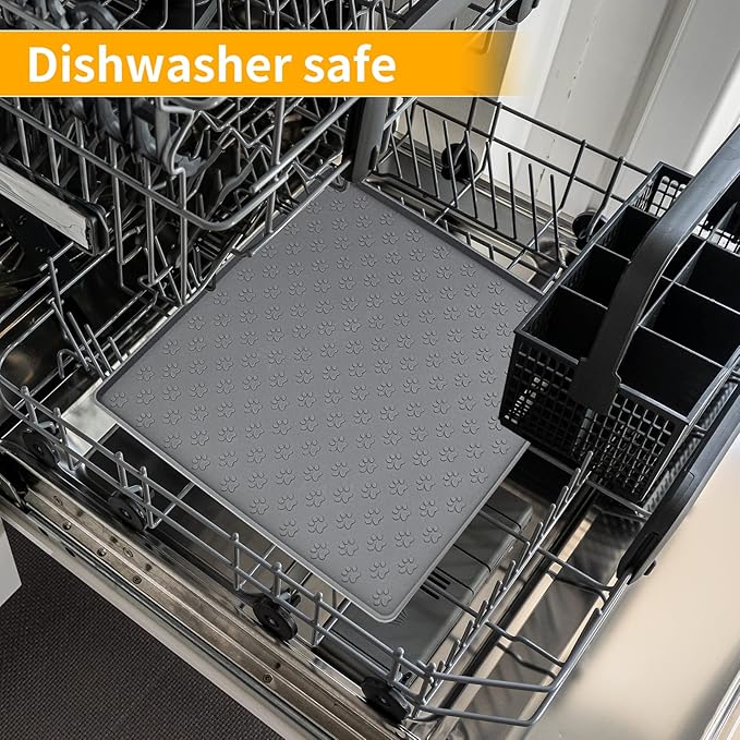 Ptlom Grey Pet Placemat for Dog and Cat, Waterproof Non-Slip Silicone Feeding Bowl Mat Prevent Food and Water Overflow, Puppy Dish Feeder Fountain Trays Suitable for Medium and Small Pets-Mewly Pet